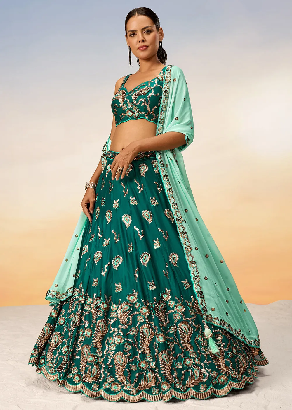Pretty Green Sequins Embroidered Designer Lehenga Choli