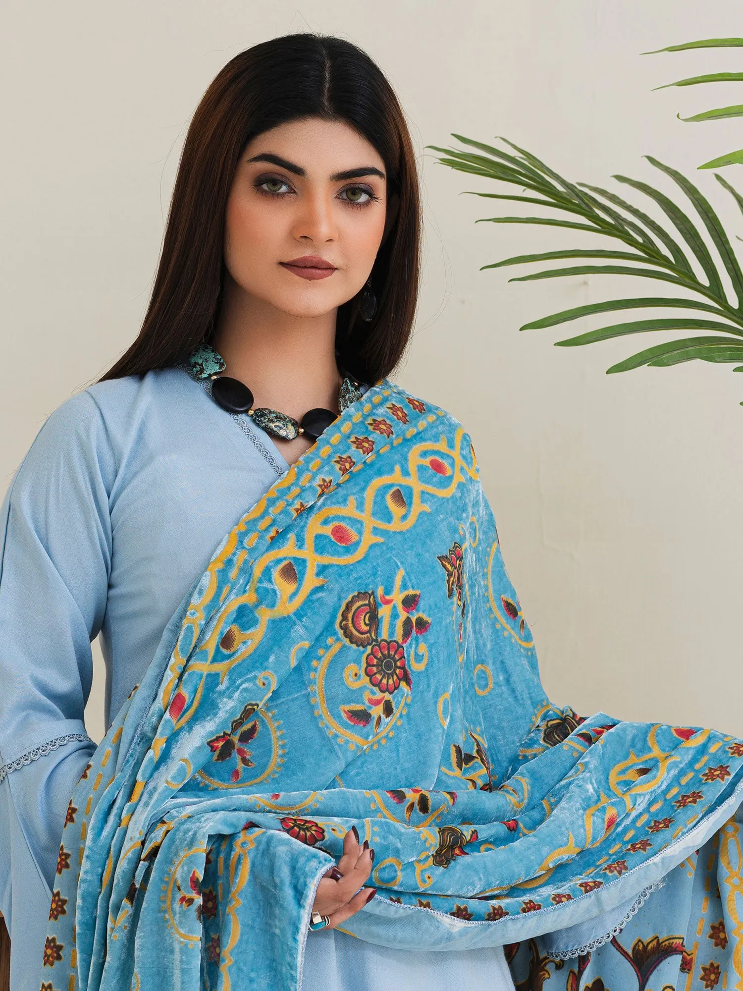 Rangz Light Blue Winter Dhanak Suit with Plachi Shawl