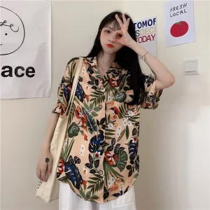 Retro Button Casual Print V-Neck Shirt