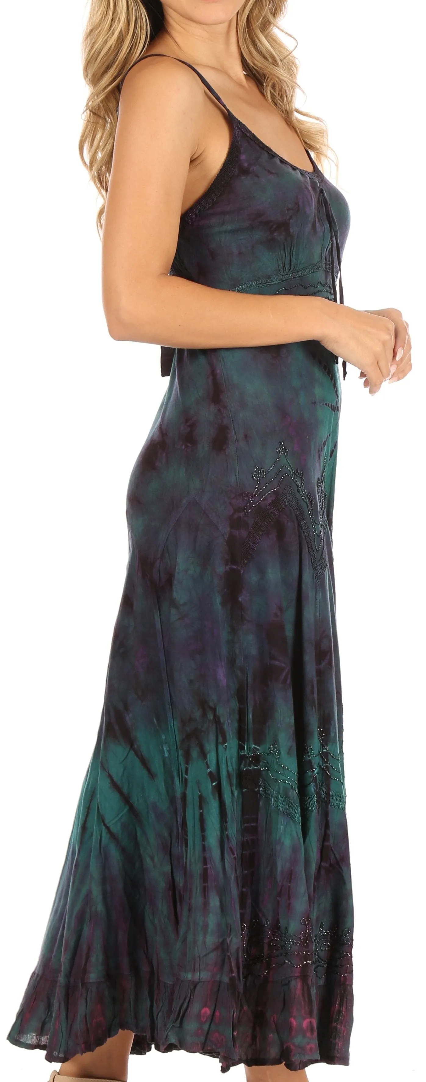 Sakkas Adela Women's Tie Dye Embroidered Adjustable Spaghetti Straps Long Dress