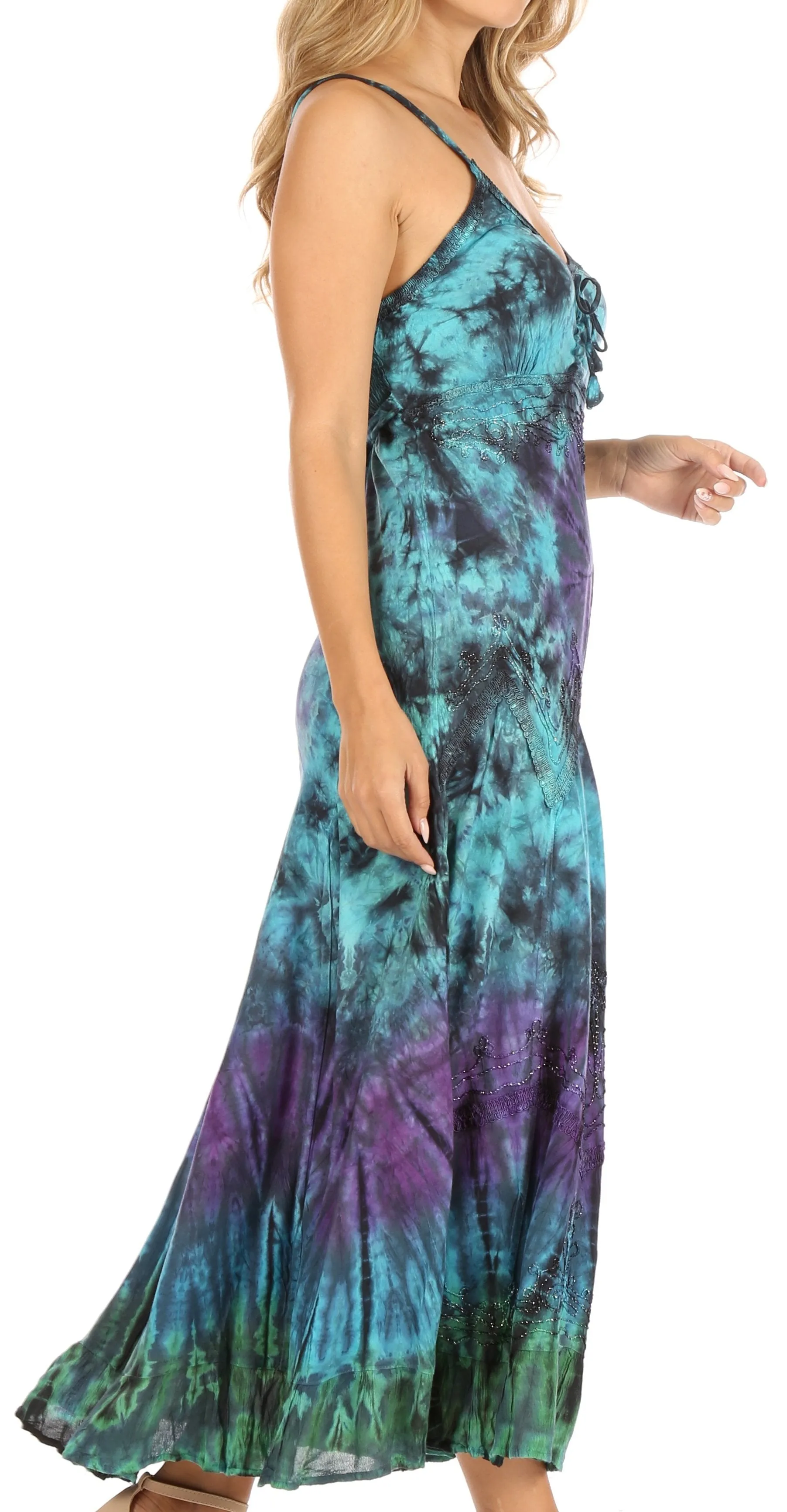 Sakkas Adela Women's Tie Dye Embroidered Adjustable Spaghetti Straps Long Dress