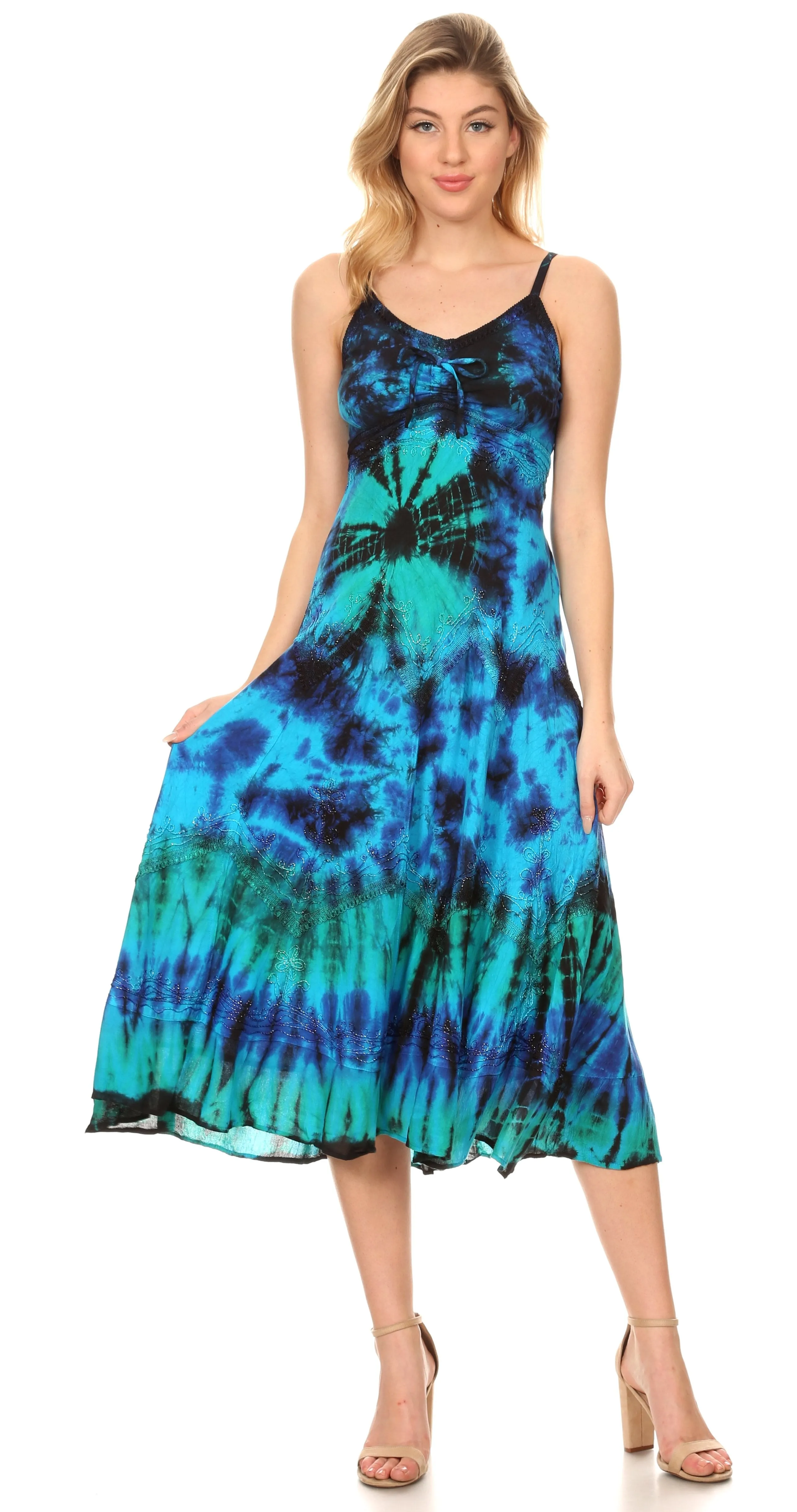 Sakkas Adela Women's Tie Dye Embroidered Adjustable Spaghetti Straps Long Dress