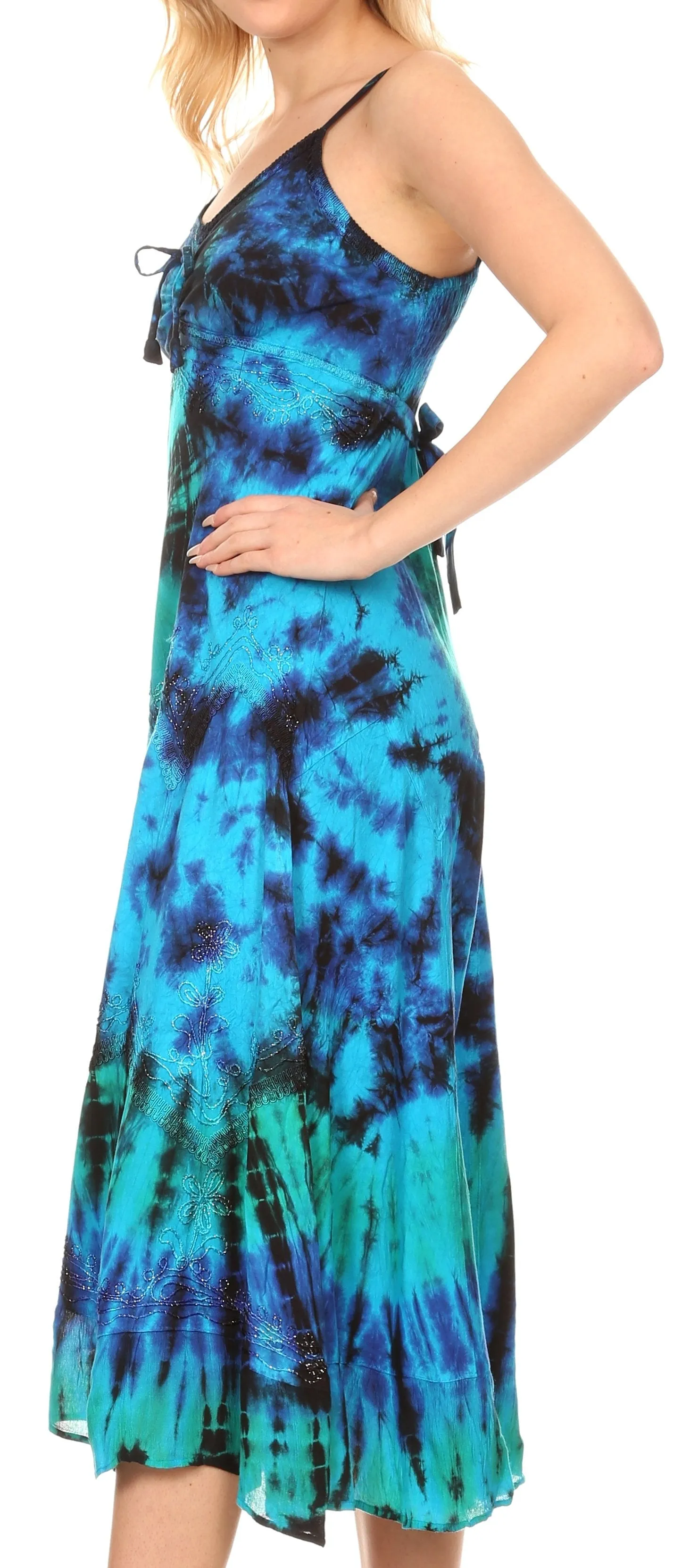 Sakkas Adela Women's Tie Dye Embroidered Adjustable Spaghetti Straps Long Dress