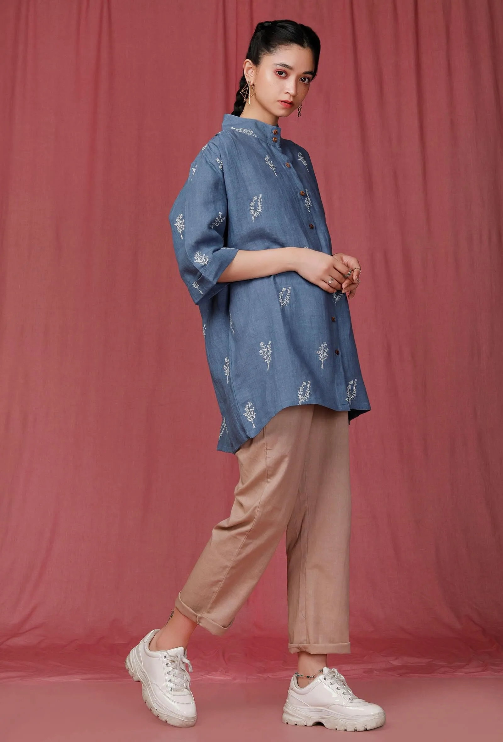 Set of 2: Blue Handblock Printed Linen Shirt with Brown Linen Pants