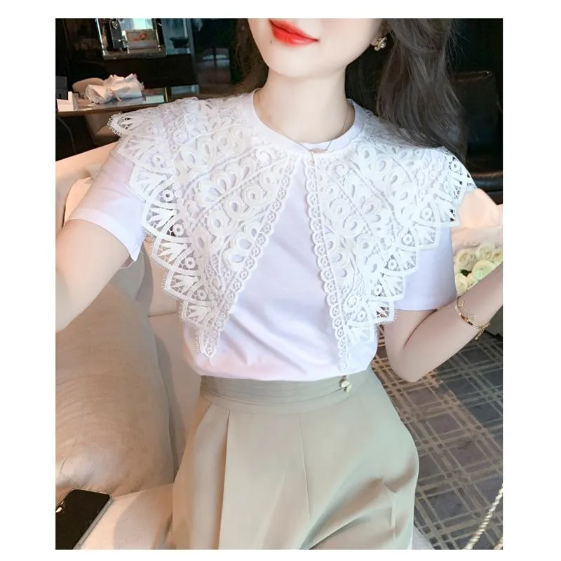 Slimming Pure Cotton Lace Patchwork Blouse