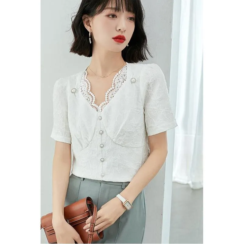 Slimming White Lace Chiffon V-Neck Patchwork Anti-Aging Premium Blouse