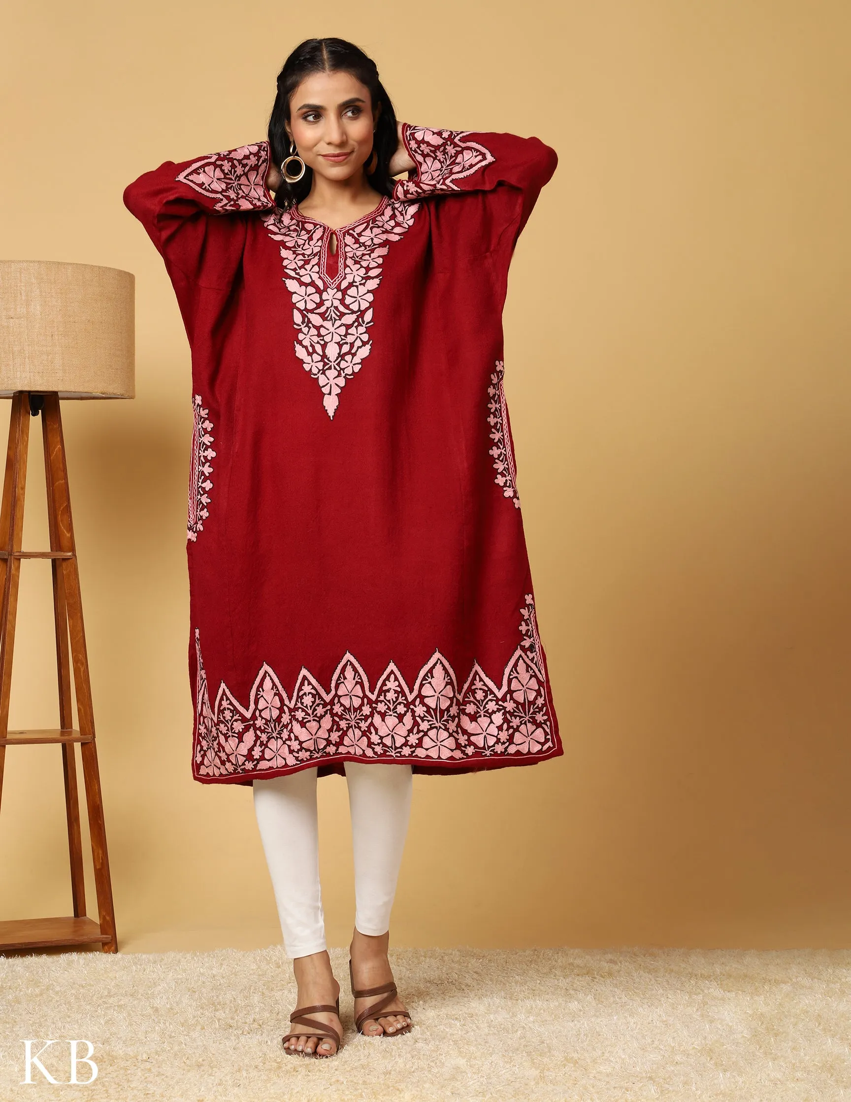 Timeless Maroon Pure Wool Aari Embroidered Phiran