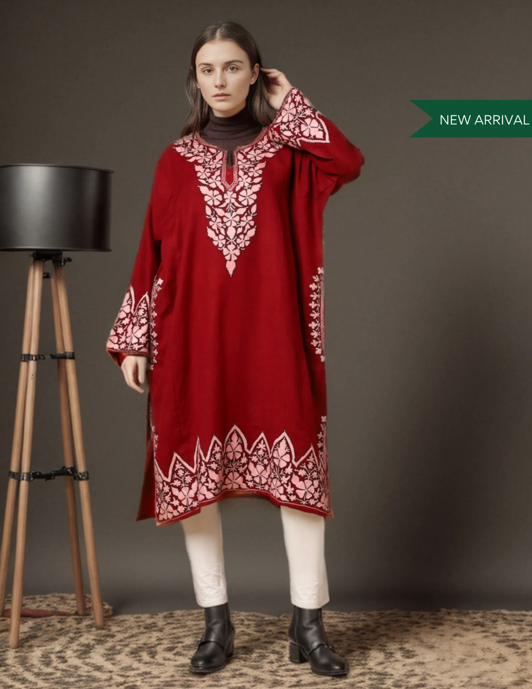 Timeless Maroon Pure Wool Aari Embroidered Phiran