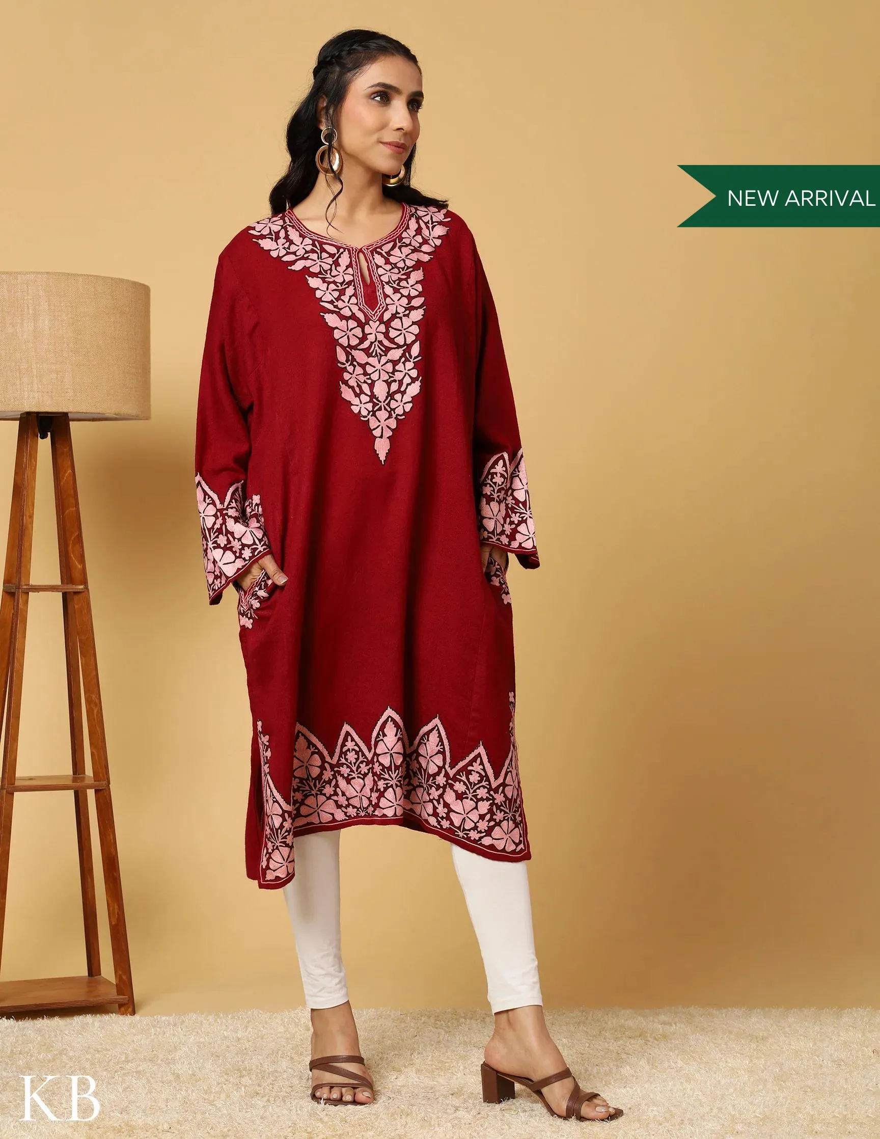 Timeless Maroon Pure Wool Aari Embroidered Phiran