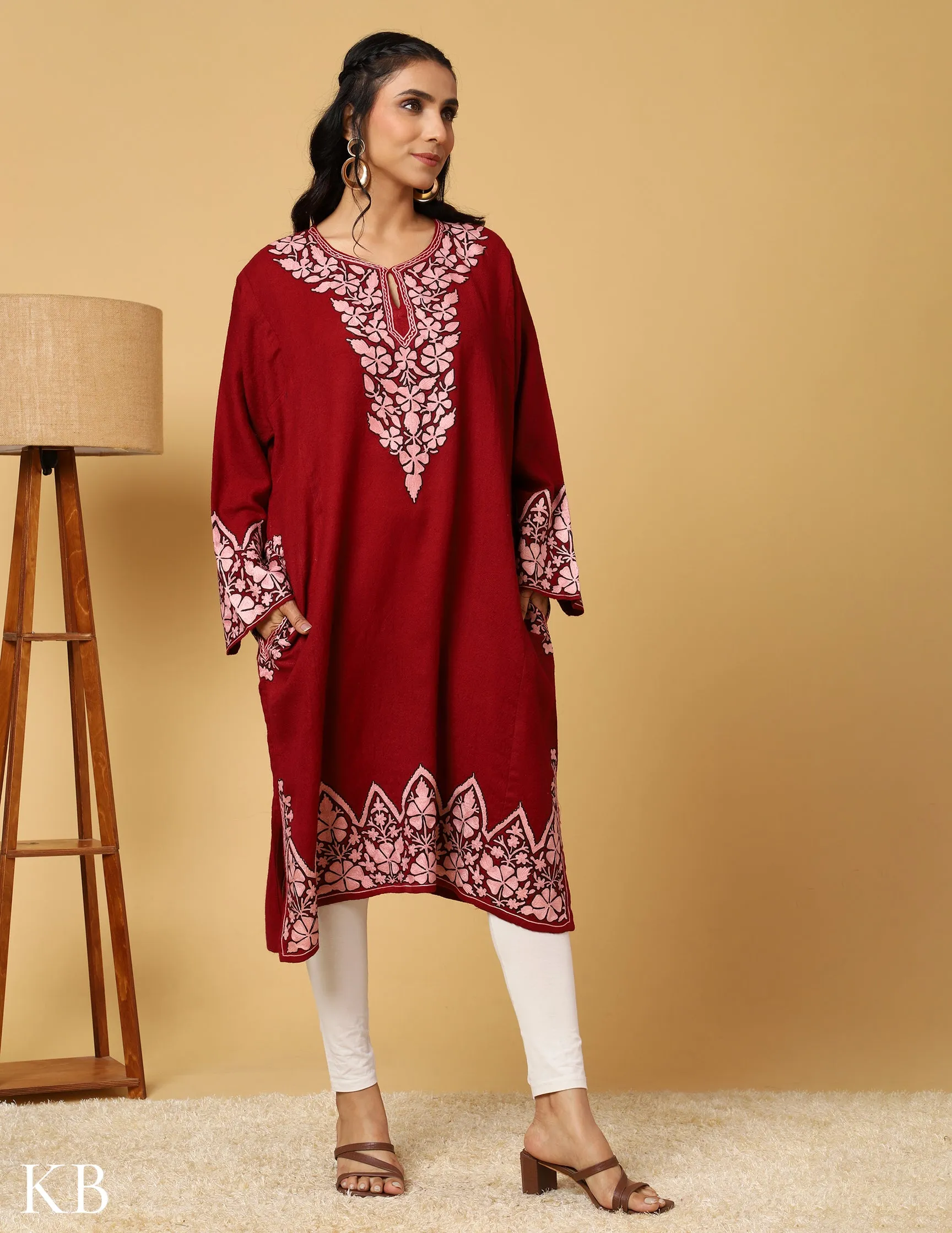 Timeless Maroon Pure Wool Aari Embroidered Phiran