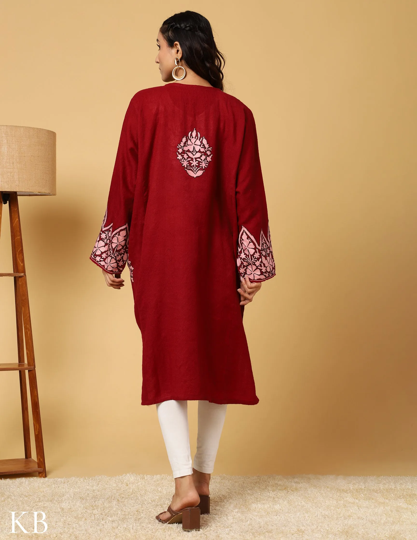 Timeless Maroon Pure Wool Aari Embroidered Phiran