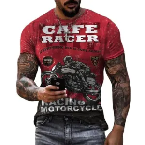 Vintage Men's T-shirts 3d Cafee Racing Printed,Trendy Oversized Tees red