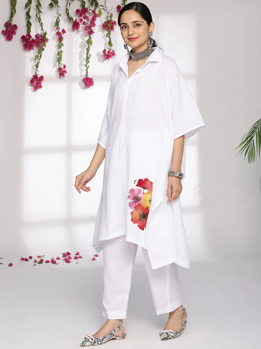 White CottonSlub ShirtKaftan - Viviflora