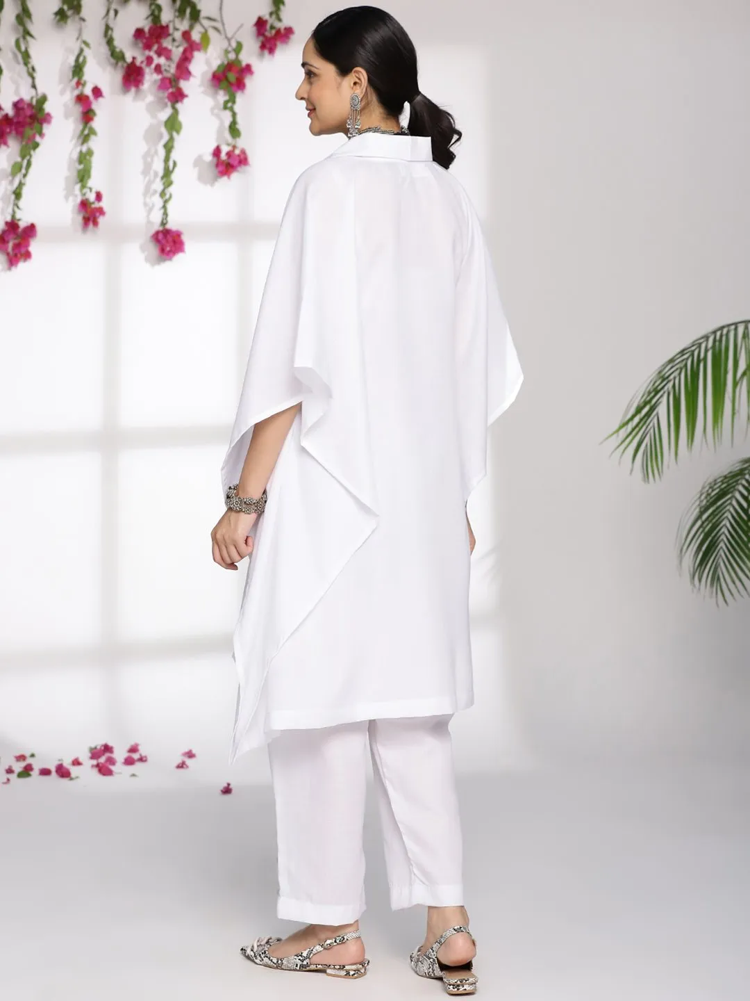 White CottonSlub ShirtKaftan - Viviflora