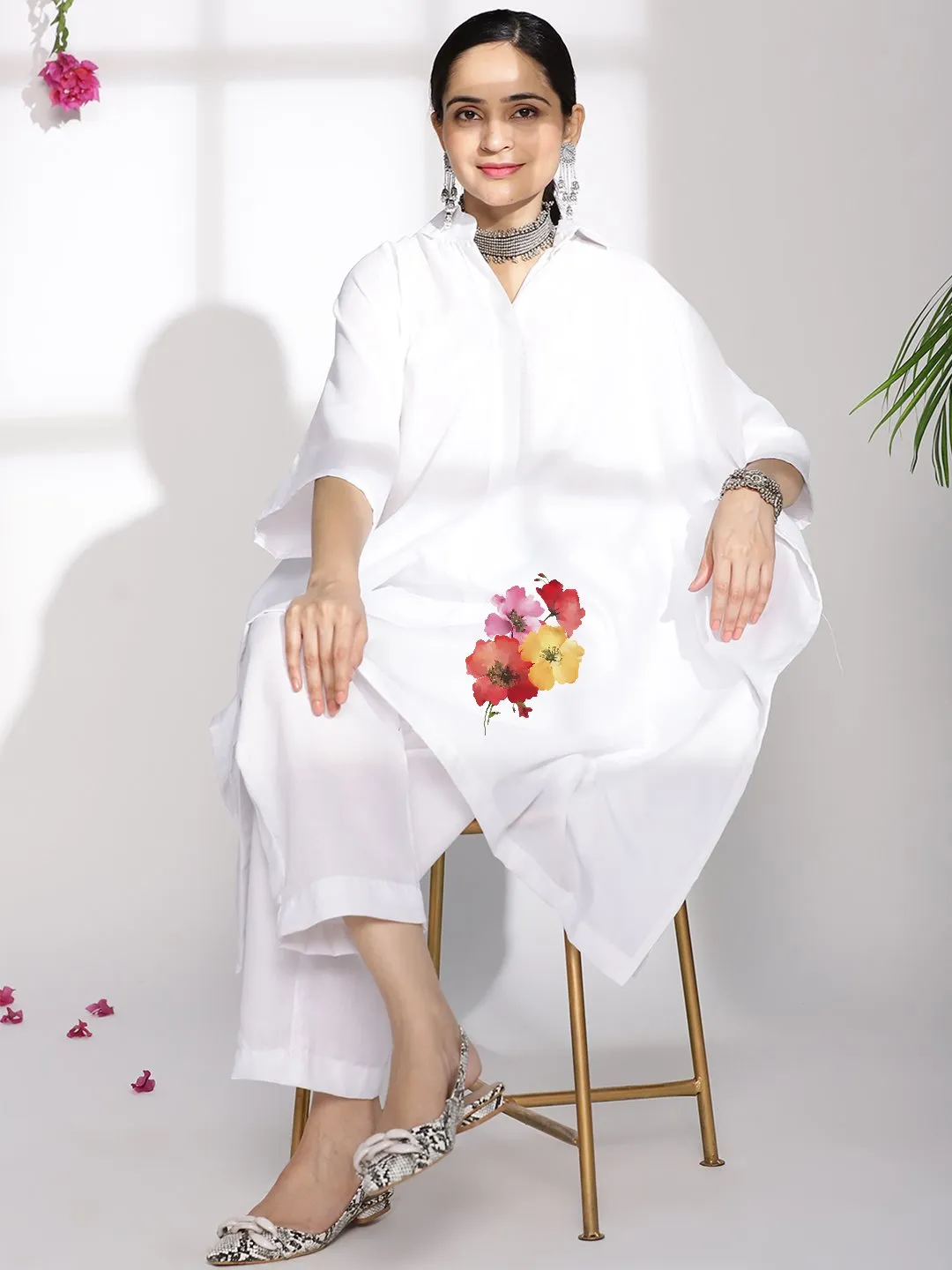 White CottonSlub ShirtKaftan - Viviflora