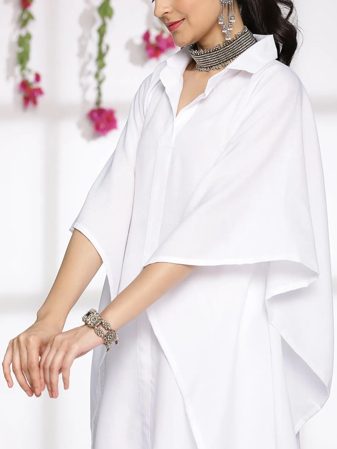 White CottonSlub ShirtKaftan - Viviflora