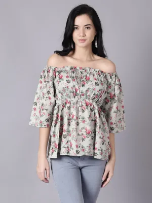 Women Green Casual Printed Off-Shoulder Top