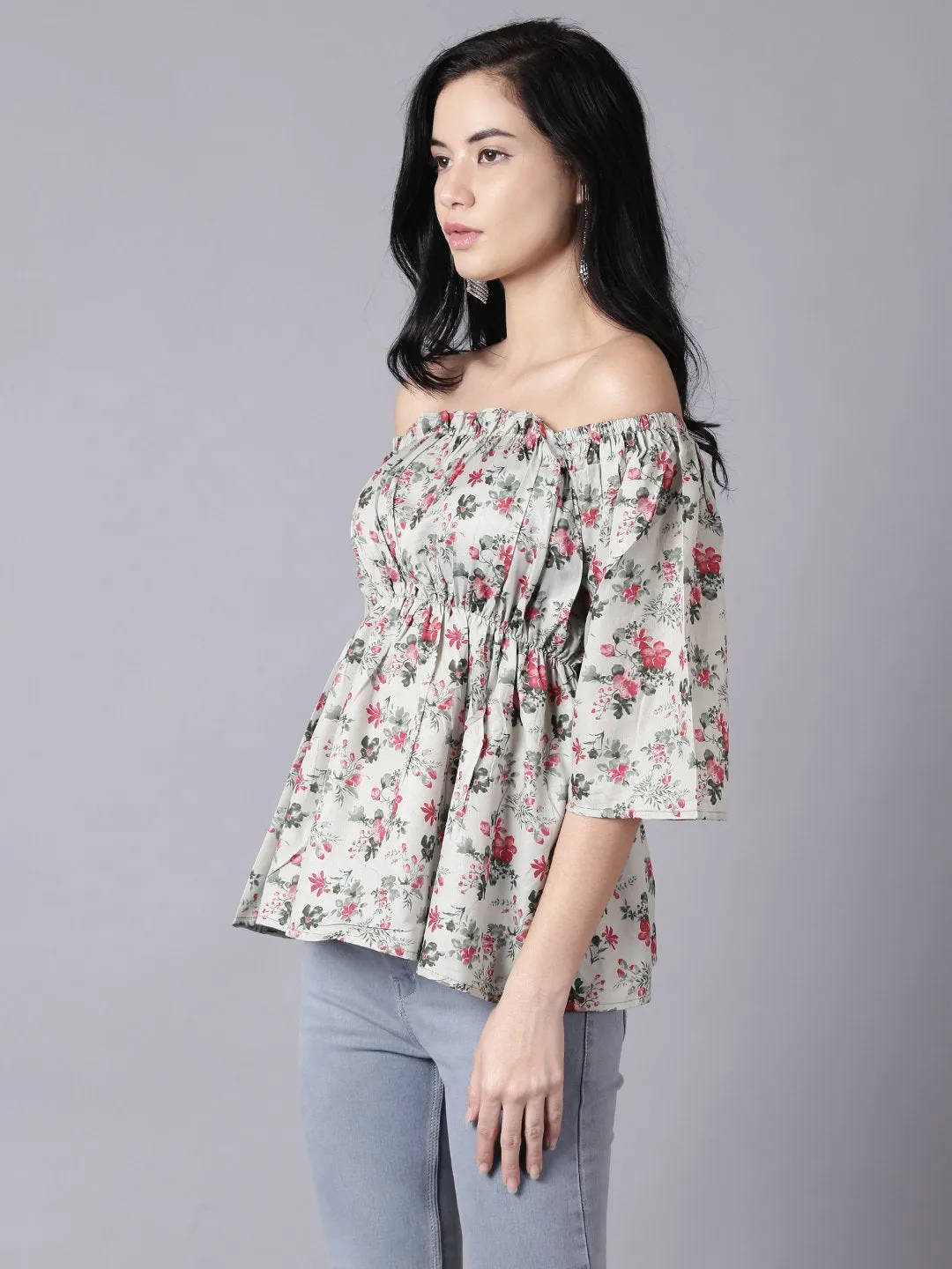 Women Green Casual Printed Off-Shoulder Top