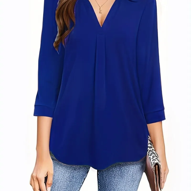 Womens Half Sleeve Plus Size Casual Blouse with Turn Down Collar