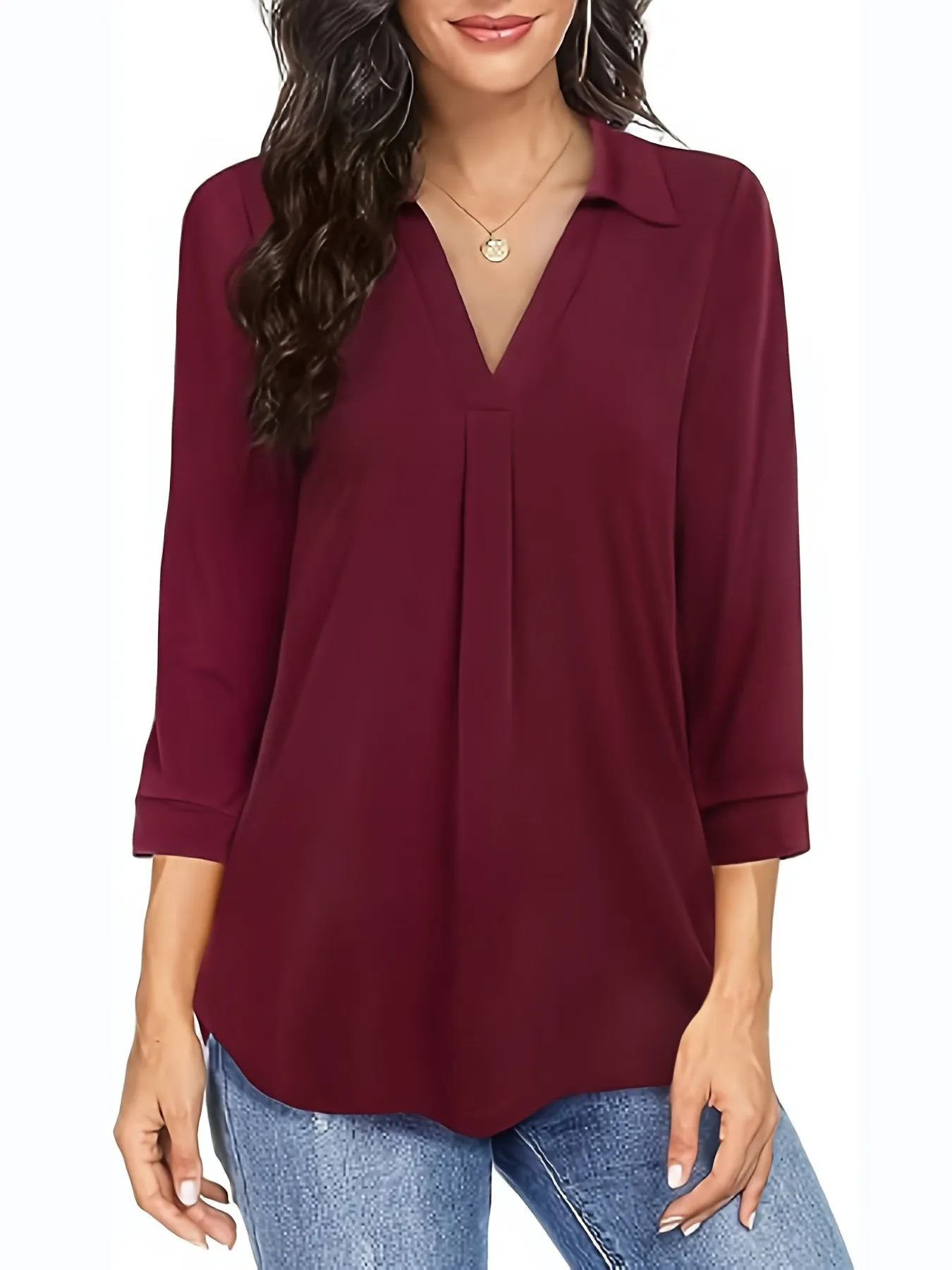 Womens Half Sleeve Plus Size Casual Blouse with Turn Down Collar