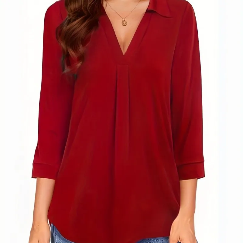 Womens Half Sleeve Plus Size Casual Blouse with Turn Down Collar