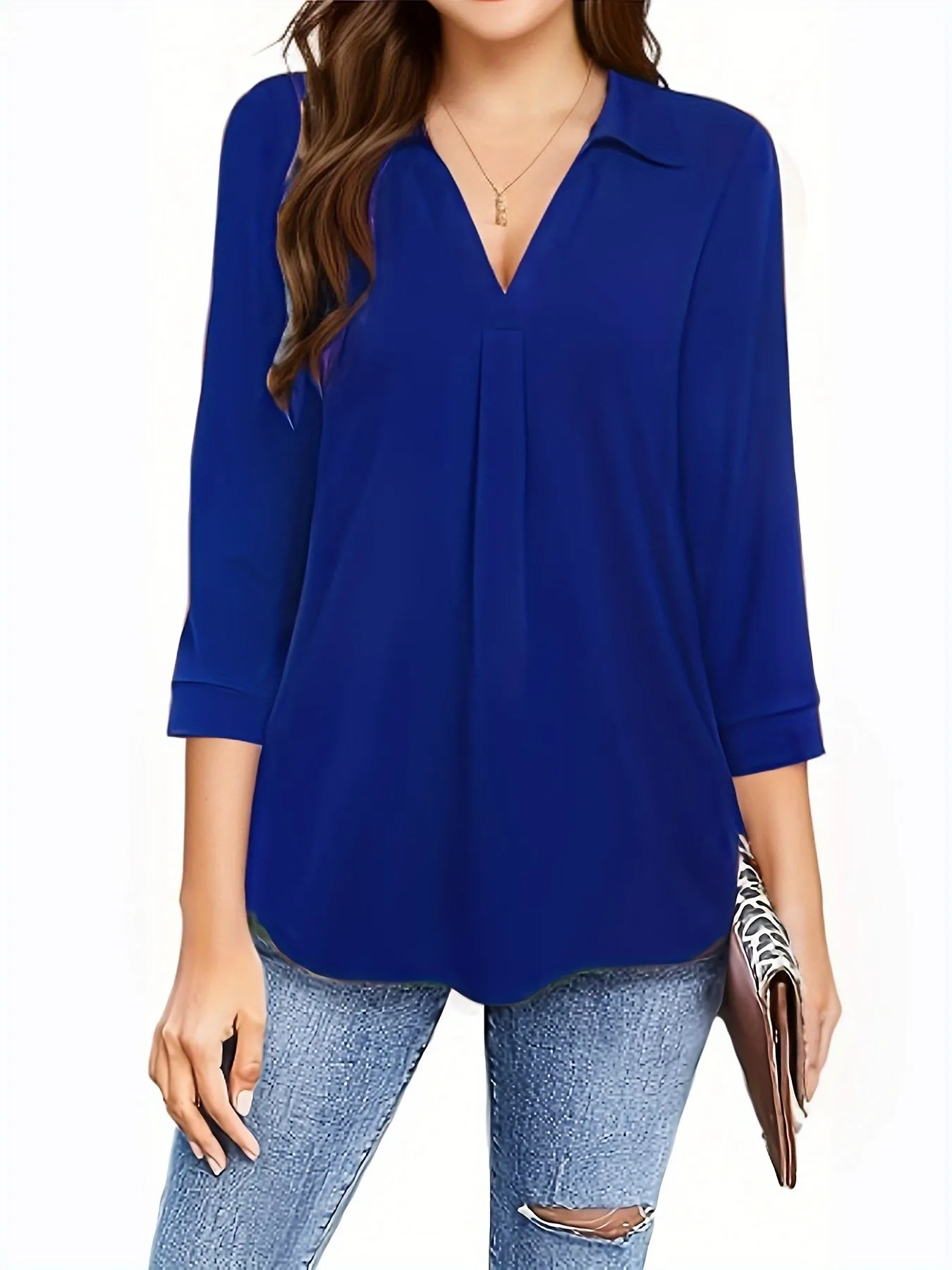 Womens Half Sleeve Plus Size Casual Blouse with Turn Down Collar