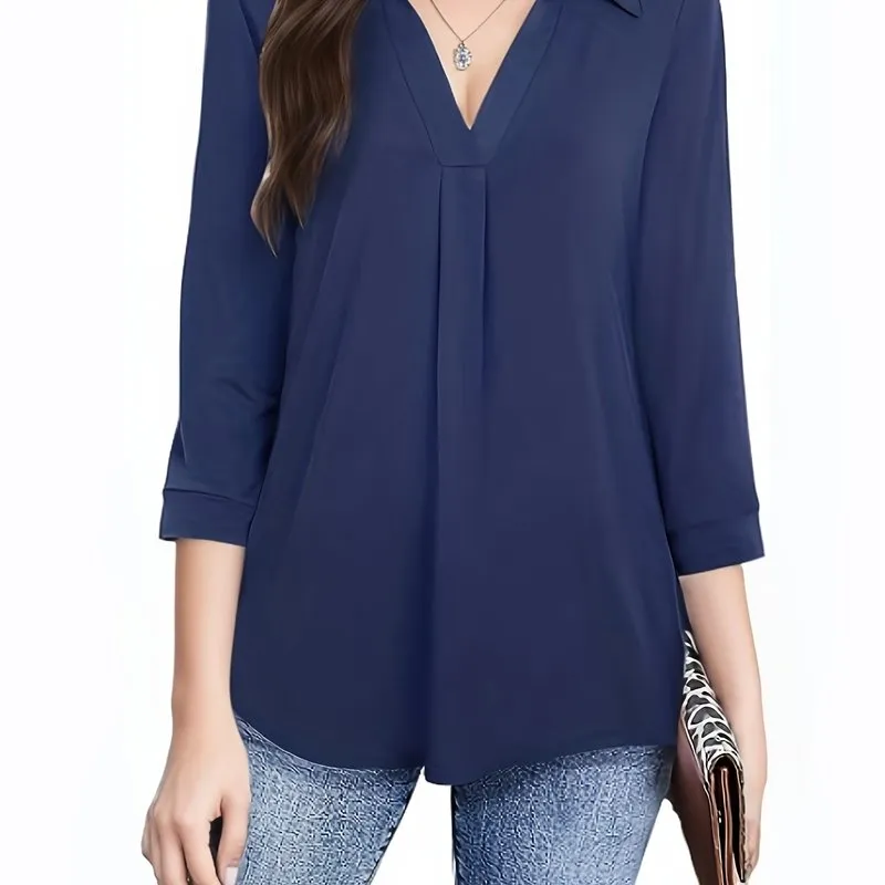 Womens Half Sleeve Plus Size Casual Blouse with Turn Down Collar