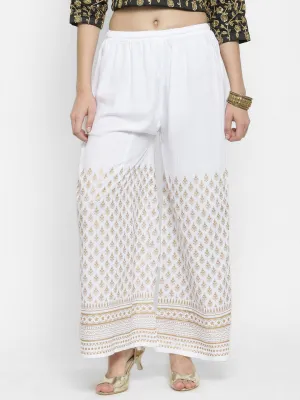 Women'S White Printed Rayon Palazzo